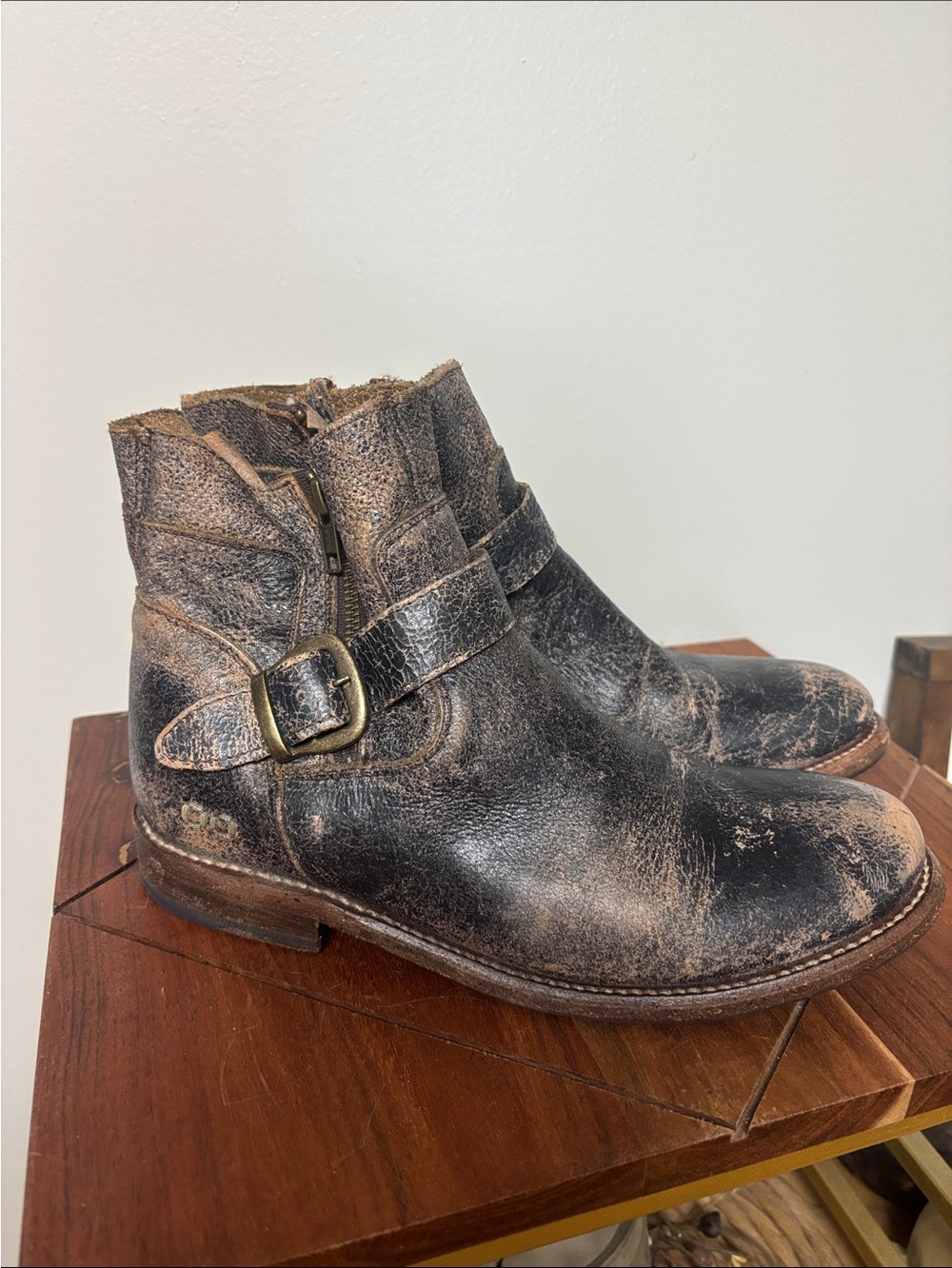 Bed Stu Brown Distressed Leather Ankle Booties with Buckle